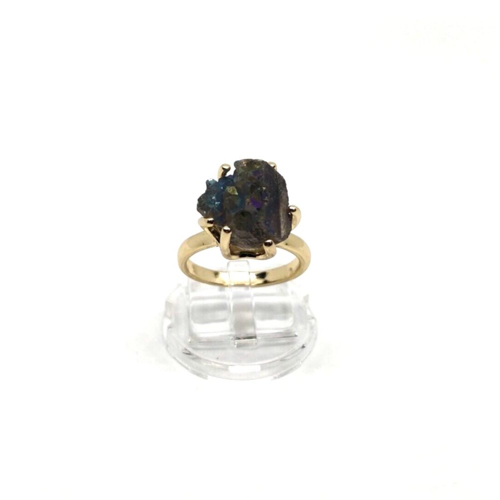 Women's Large Raw Stone Ring Unfinished Iridescent Druzy Gold Tone Size 8 - Picture 4 of 9